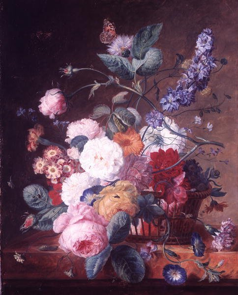 Roser, Dahlia, Delphinium og andre blomster i en kurv på en marmorhylle (olje på lerret) av Jan van Huysum