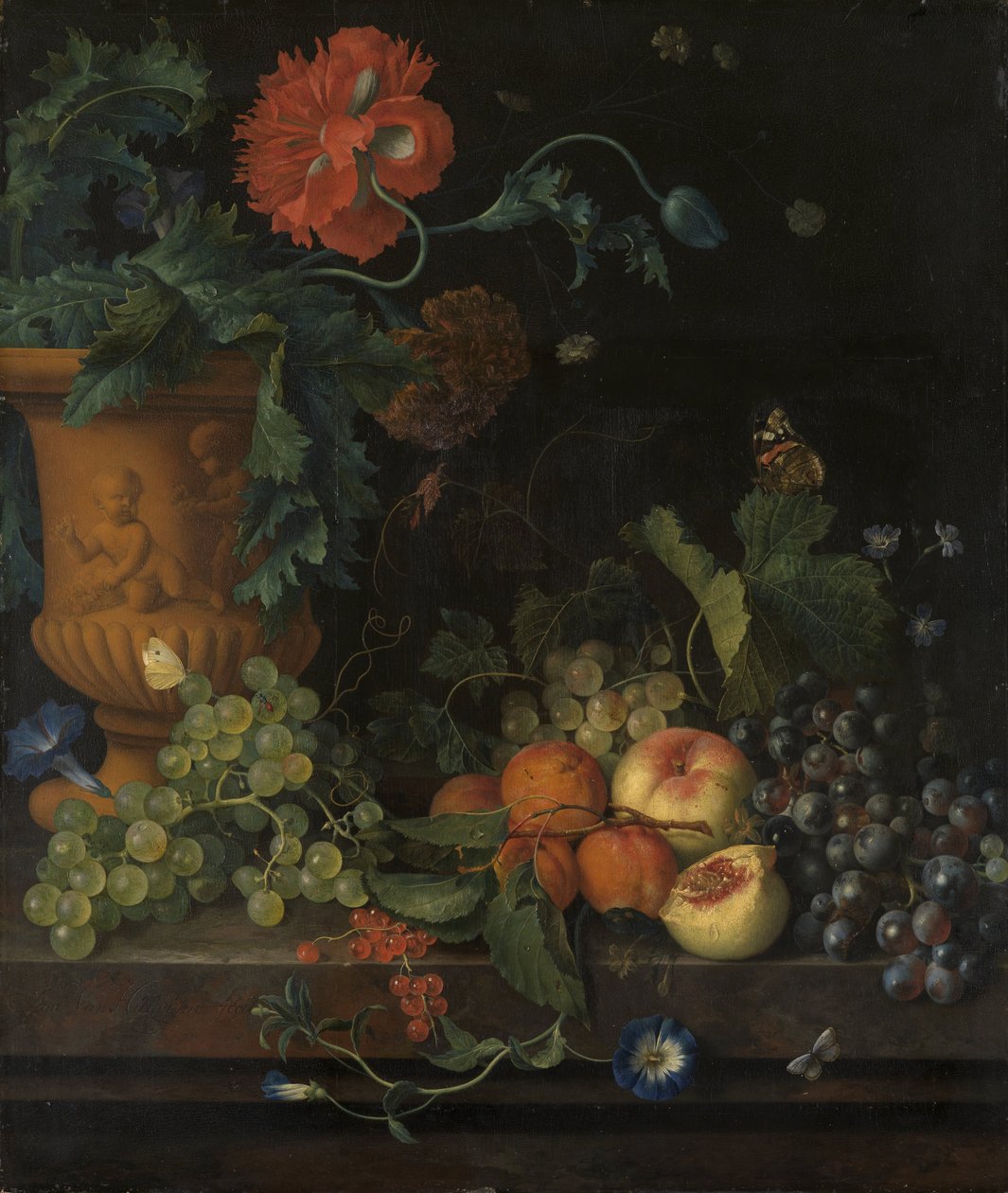 Terracotta vase med blomster og frukt av Jan van Huysum