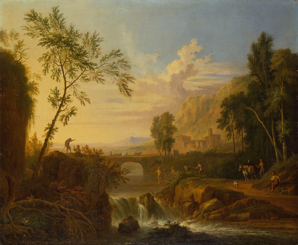 Et skogkledd landskap med et bondepar ved en grav og fiskere ved en foss (olje) av Jan van Huysums