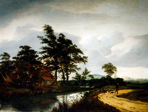 Et elvelandskap med en hytte, to bønder og hunden deres (olje på panel) av Jan van III Kessel