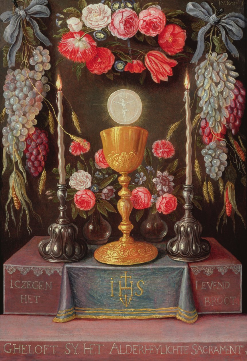 Et kalk med eukaristien i en kartusj dekorert med blomster og frukt, ca. 1664 av Jan van Kessel the Elder
