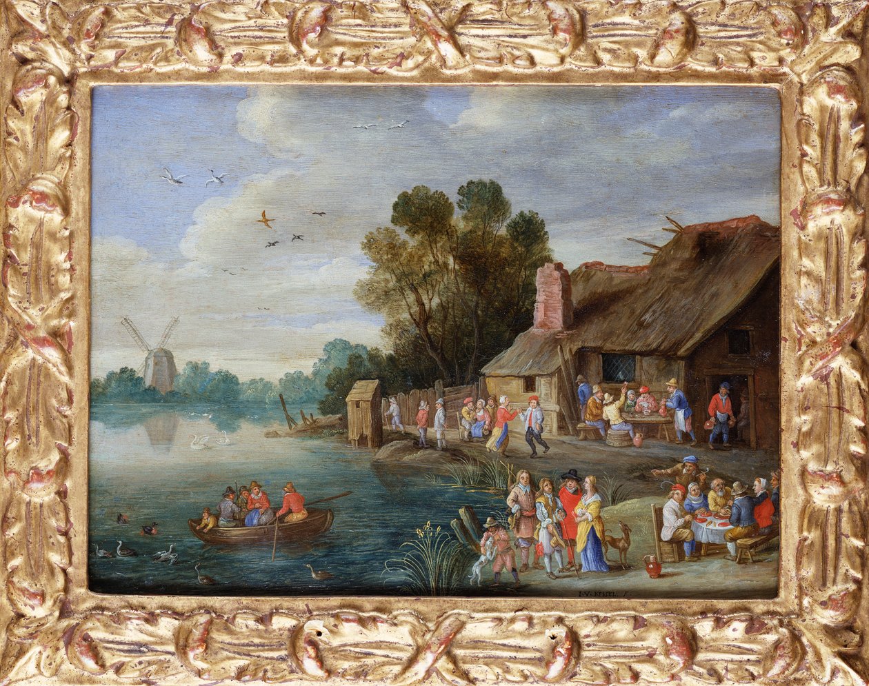 Et elvelandskap med herrer på et Village Inn av Jan van Kessel