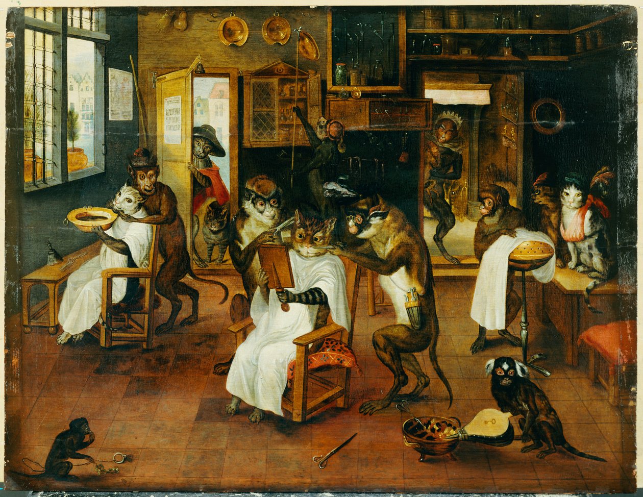A Singerie: Monkey Barbers serverer katter av Jan van Kessel