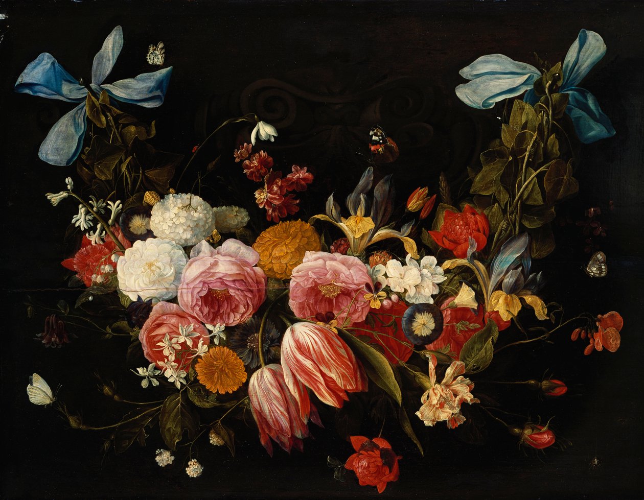 En bylt av roser, tulipaner, georginer og andre blomster av Jan van Kessel