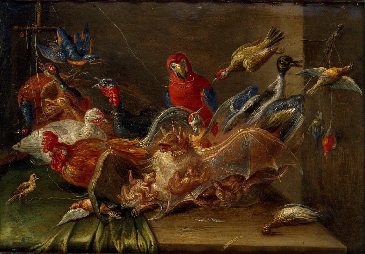 Dekorativ stillebenkomposisjon med fugler og to flaggermus, midten av 1600-tallet av Jan van Kessel