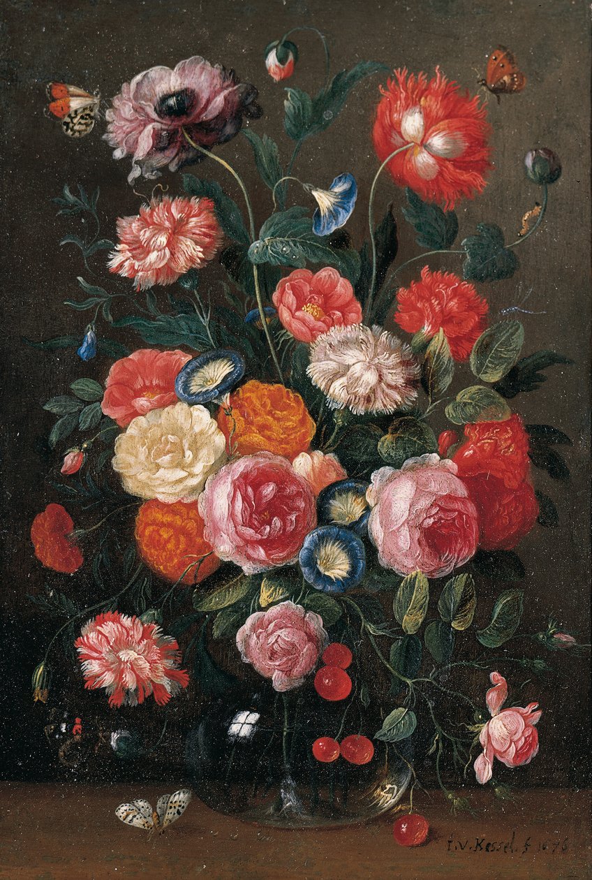 Roser, nelliker, morgenfrue, en valmue og en kvist med kirsebær i en glassvase, en veggbrun, en oransje spiss, en rød admiral og en skjæresommerfugl på et bord, 1676 av Jan van Kessel