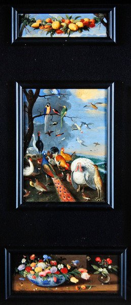 Stillebentablåer - krans av frukt, forskjellige fugler, buketter av Jan van Kessel the Elder