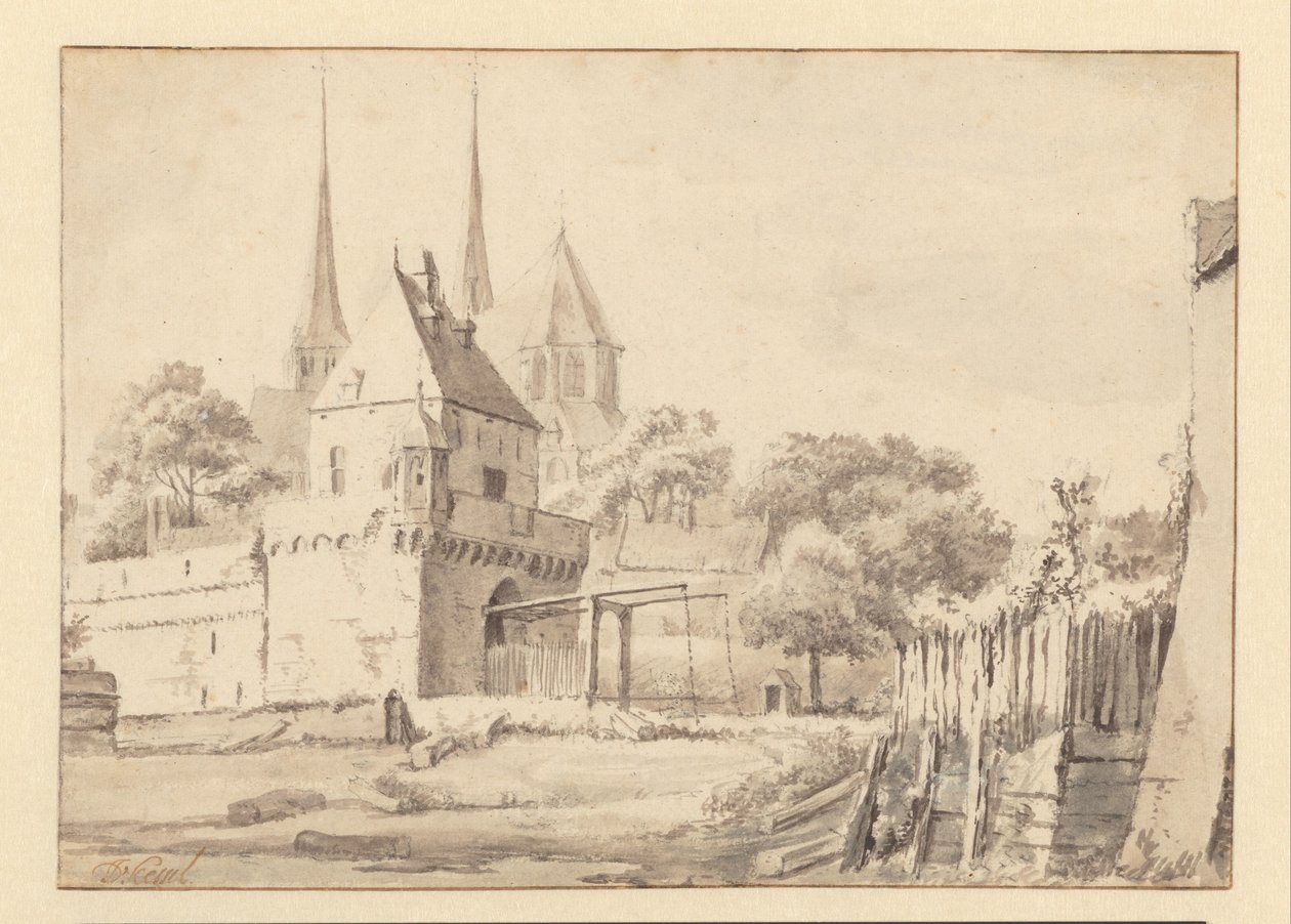 Utsikt over Bergpoort og Bergkerk i Deventer av Jan van Kessel