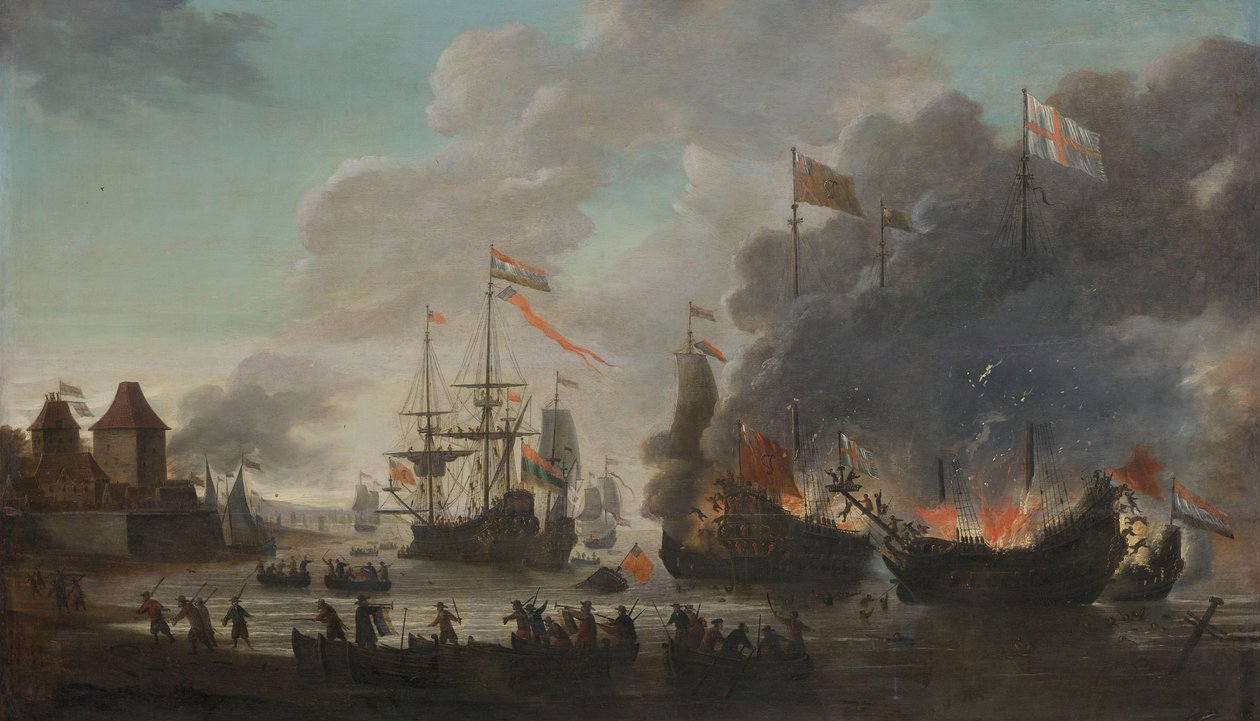 De nederlandske brennende engelske skipene under angrepet på Medway av Jan van Leyden