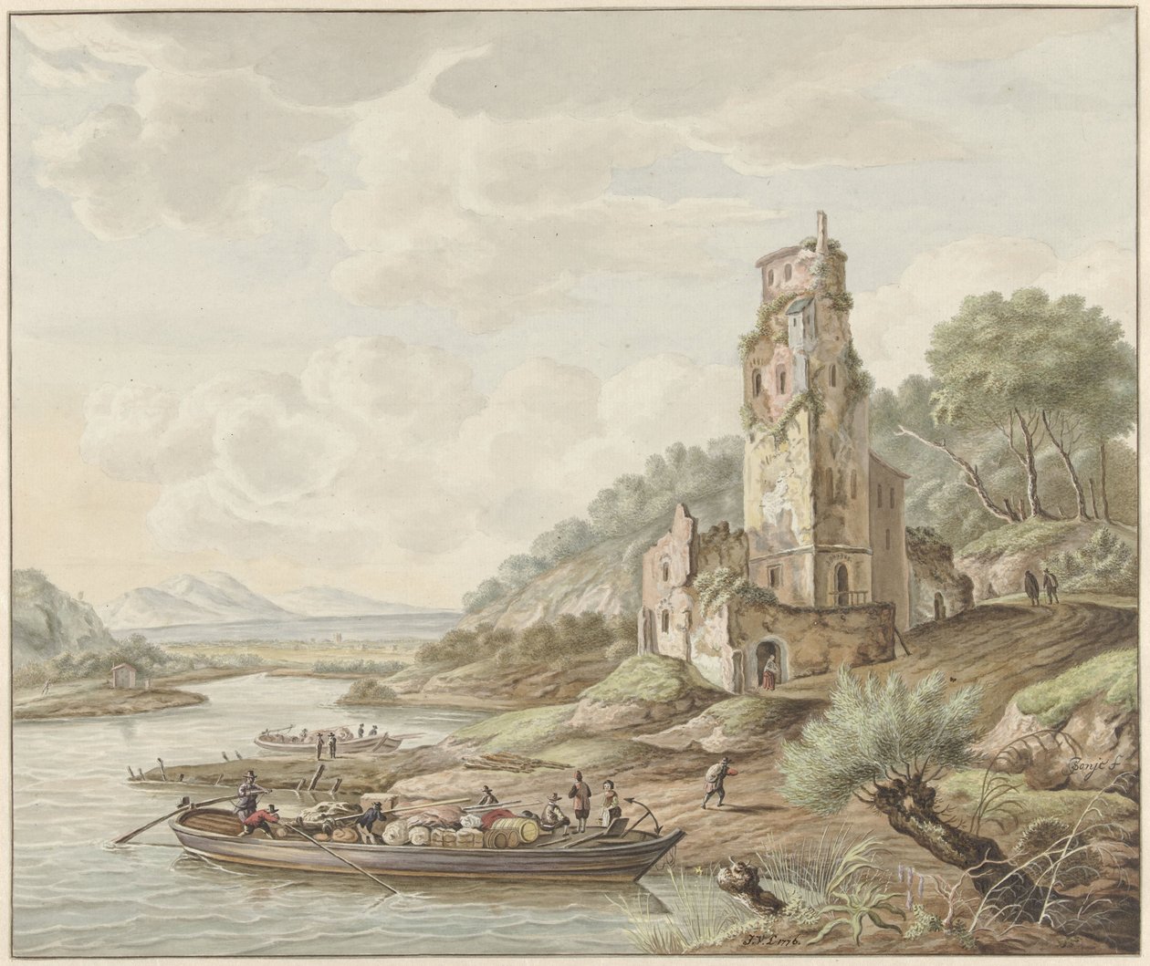 Landskap med en lekter med varer på et slott av Jan van Lockhorst