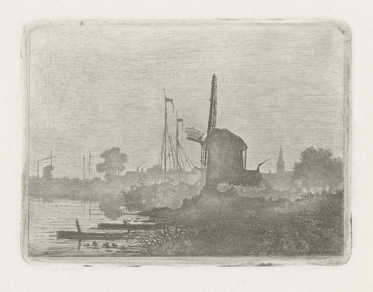 Utsikt over en mølle på vannet av Jan van Lokhorst