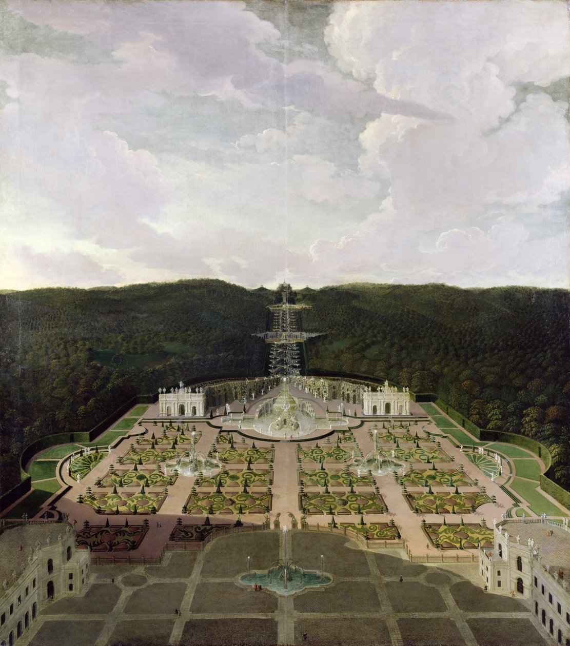 Utsikt fra hagen og grotten ved foten av fossene til oktogonen, etter 1716 av Jan van Nickelen