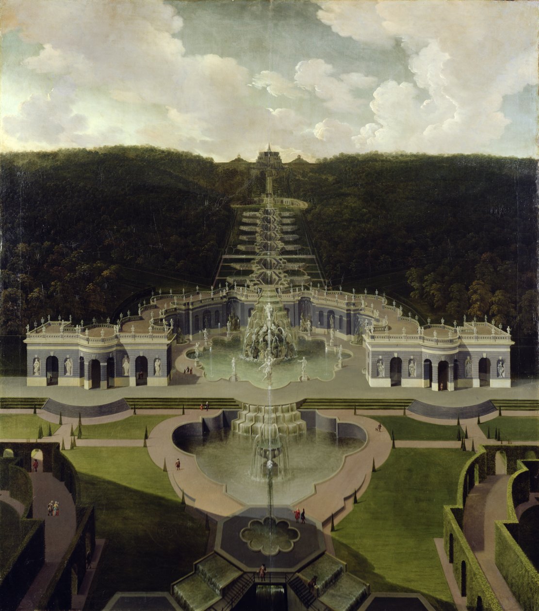 Utsikt fra grotten med fontener fra kaskadene til oktogonen, etter 1716 av Jan van Nickelen