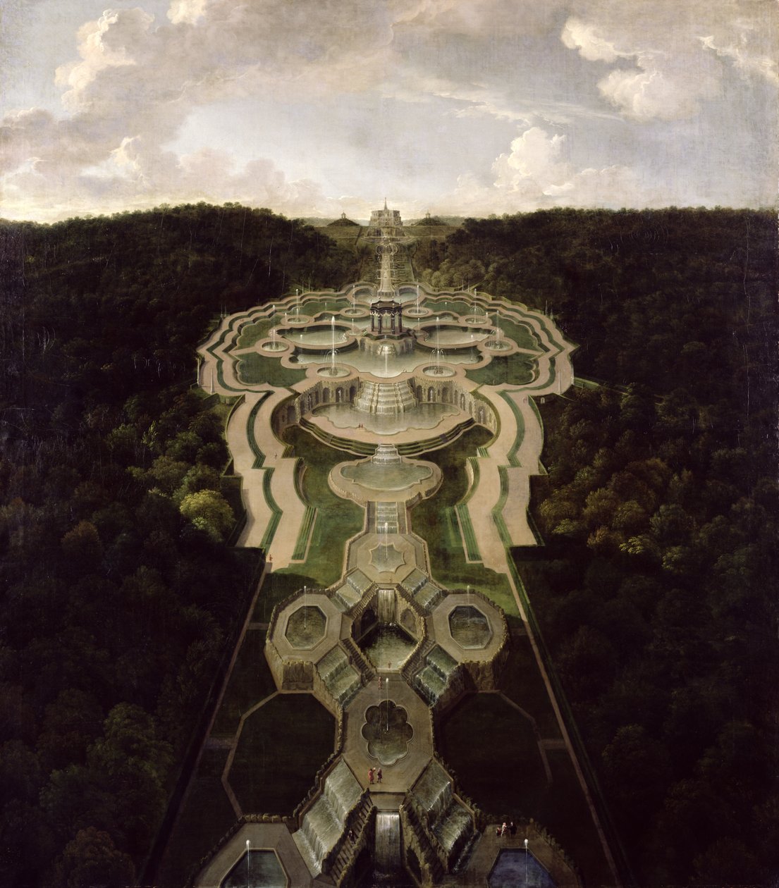 Utsikt over Great Plaza med tempel ved begynnelsen av den andre tredjedelen av fossene til oktogonen, etter 1716 av Jan van Nickelen