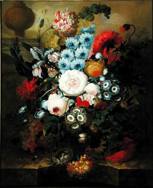 Nelliker, Morning Glory, Roser, Auriculas, Hyacinth og andre blomster med et fuglerede på en marmorhylle (olje på lerret) av Jan van Os