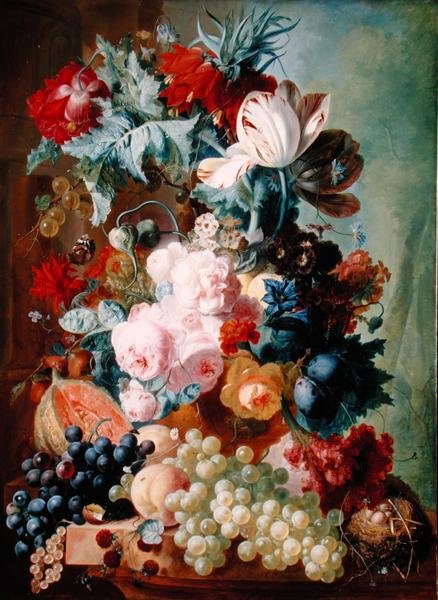 Blomster og frukt (olje på panel) av Jan van Os