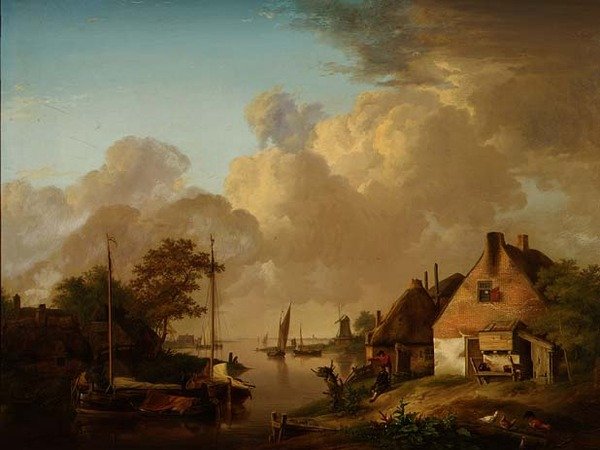 Elvelandskap med landsby, lektere og bønder av Jan van Os