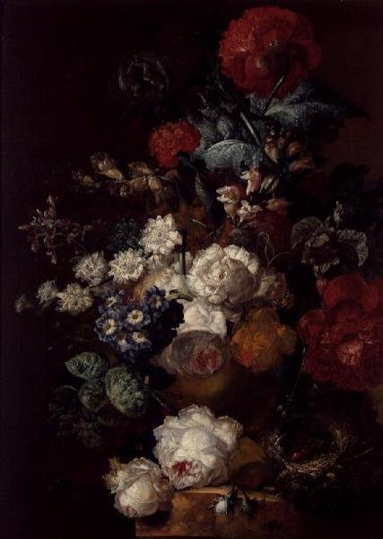 Stilleben med blomster og et fuglerede av Jan van Os