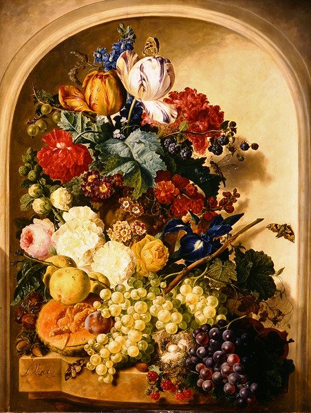 Stilleben: blomster og frukt (olje på panel) av Jan van Os