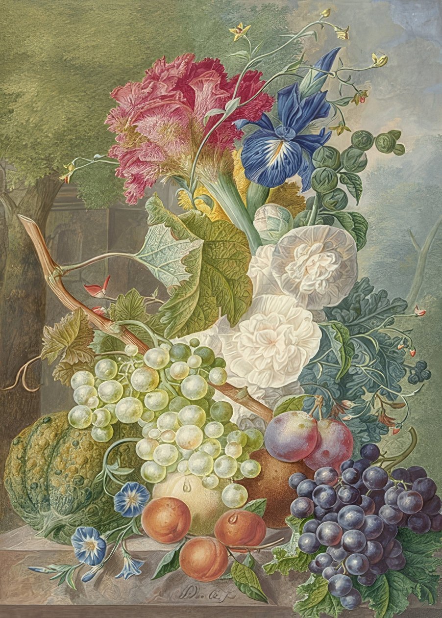 Stilleben med blomster og frukt. Rundt 1775-1800 av Jan van Os