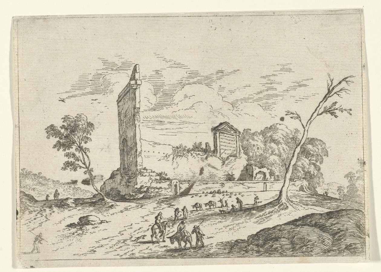 Landskap med romerske ruiner og eselgjetere av Jan van Ossenbeeck (attributed to)