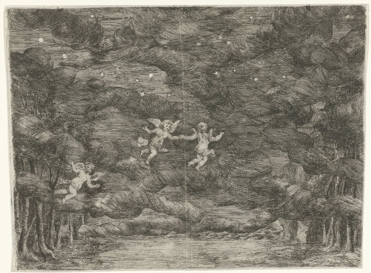 Scenedekor med engler på nattehimmelen av Jan van Ossenbeeck