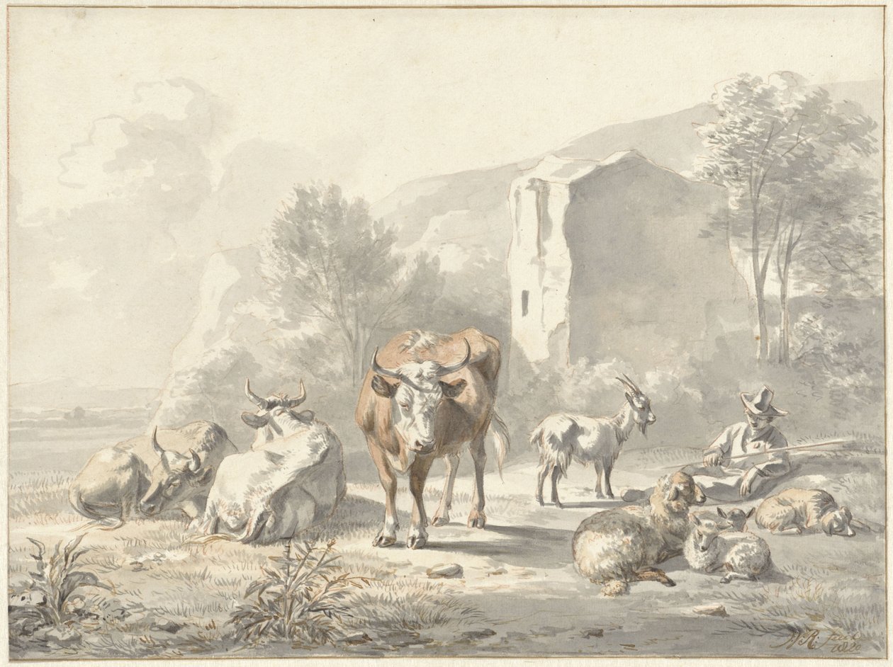 Landskap med storfe og ruin av Jan van Ravenswaay