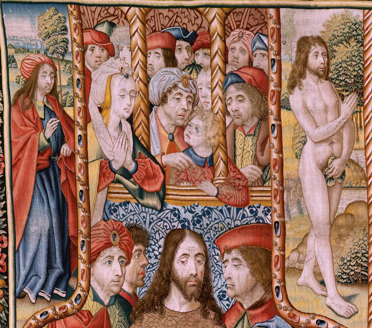 flamsk billedvev. Serie-episoder fra The Life of the Virgin. Profetiene blir oppfylt ved Kristi fødsel (Oppfyllelse av profetiene ved Guds Sønns fødsel). Første billedvev i serien. Modeller tilskrevet Jan von Roome (eller van B av Jan van Roome
