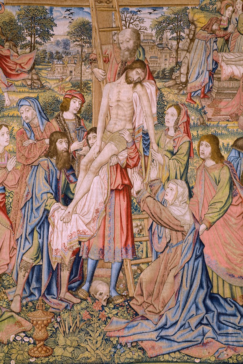 flamsk billedvev. Serien The passion of Christ: Descent from the cross (Kruisafneming, Descandimiento de la cruz). Produksjon Pieter van Aelst. Tegneserieskaper Jan van Roome. Ca 1507-1520. Detalj. av Jan van Roome