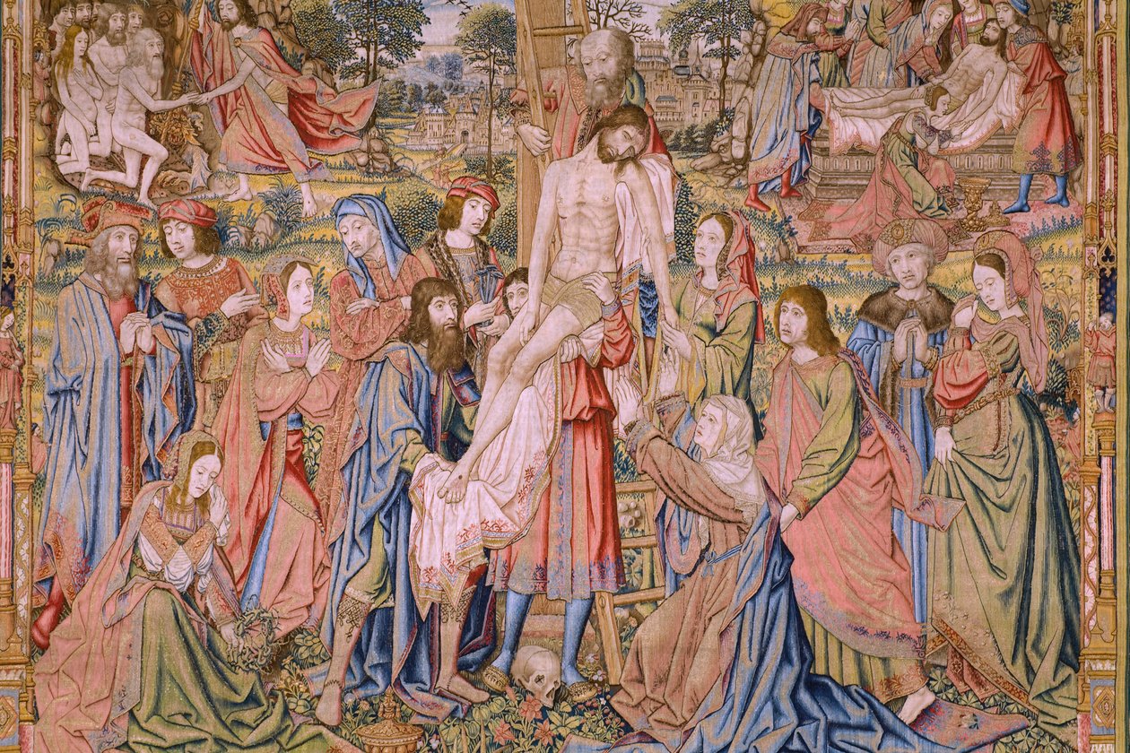 flamsk billedvev. Serien The passion of Christ: Descent from the cross (Kruisafneming, Descandimiento de la cruz). Produksjon Pieter van Aelst. Tegneserieskaper Jan van Roome. Ca 1507-1520. Detalj. av Jan van Roome