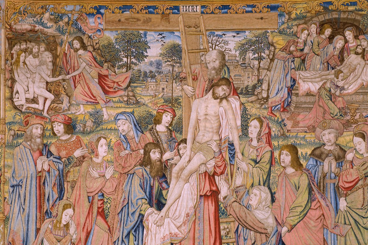 flamsk billedvev. Serien The passion of Christ: Descent from the cross (Kruisafneming, Descandimiento de la cruz). Produksjon Pieter van Aelst. Tegneserieskaper Jan van Roome. Ca 1507-1520. Detalj. av Jan van Roome