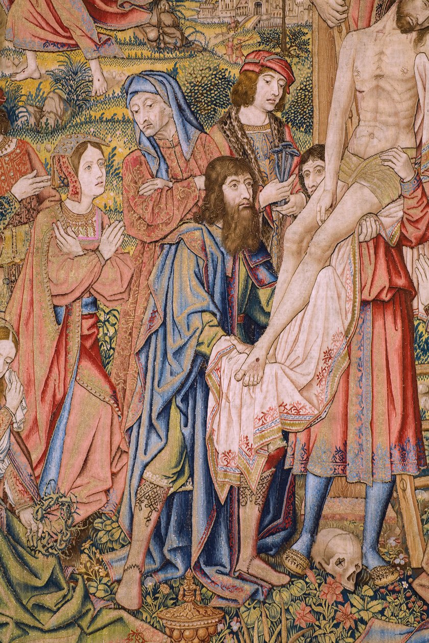 flamsk billedvev. Serien The passion of Christ: Descent from the cross (Kruisafneming, Descandimiento de la cruz). Produksjon Pieter van Aelst. Tegneserieskaper Jan van Roome. Ca 1507-1520. Detalj. av Jan van Roome