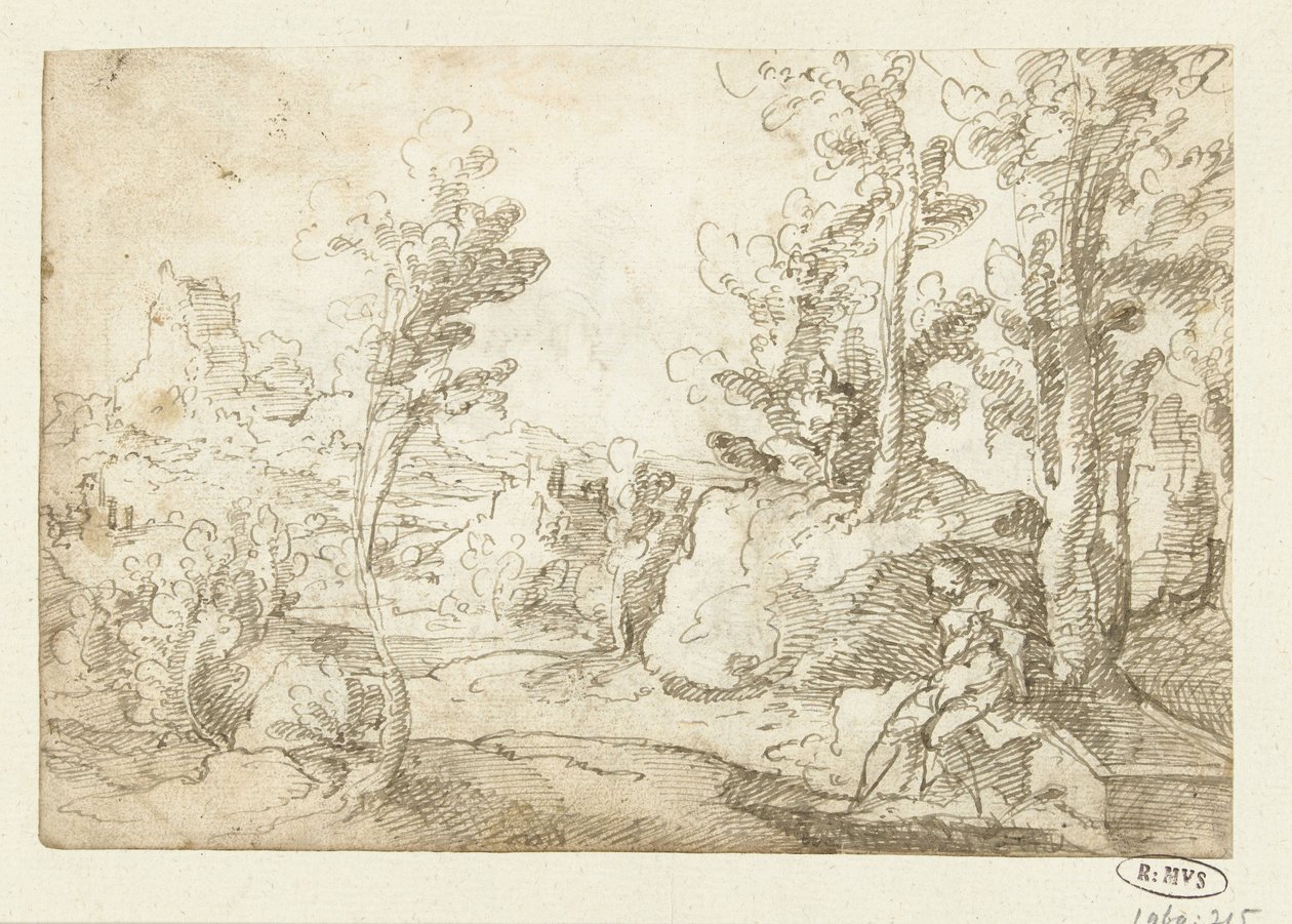 Landskap med en figur som sitter ved en brønn av Jan van Scorel (attributed to)