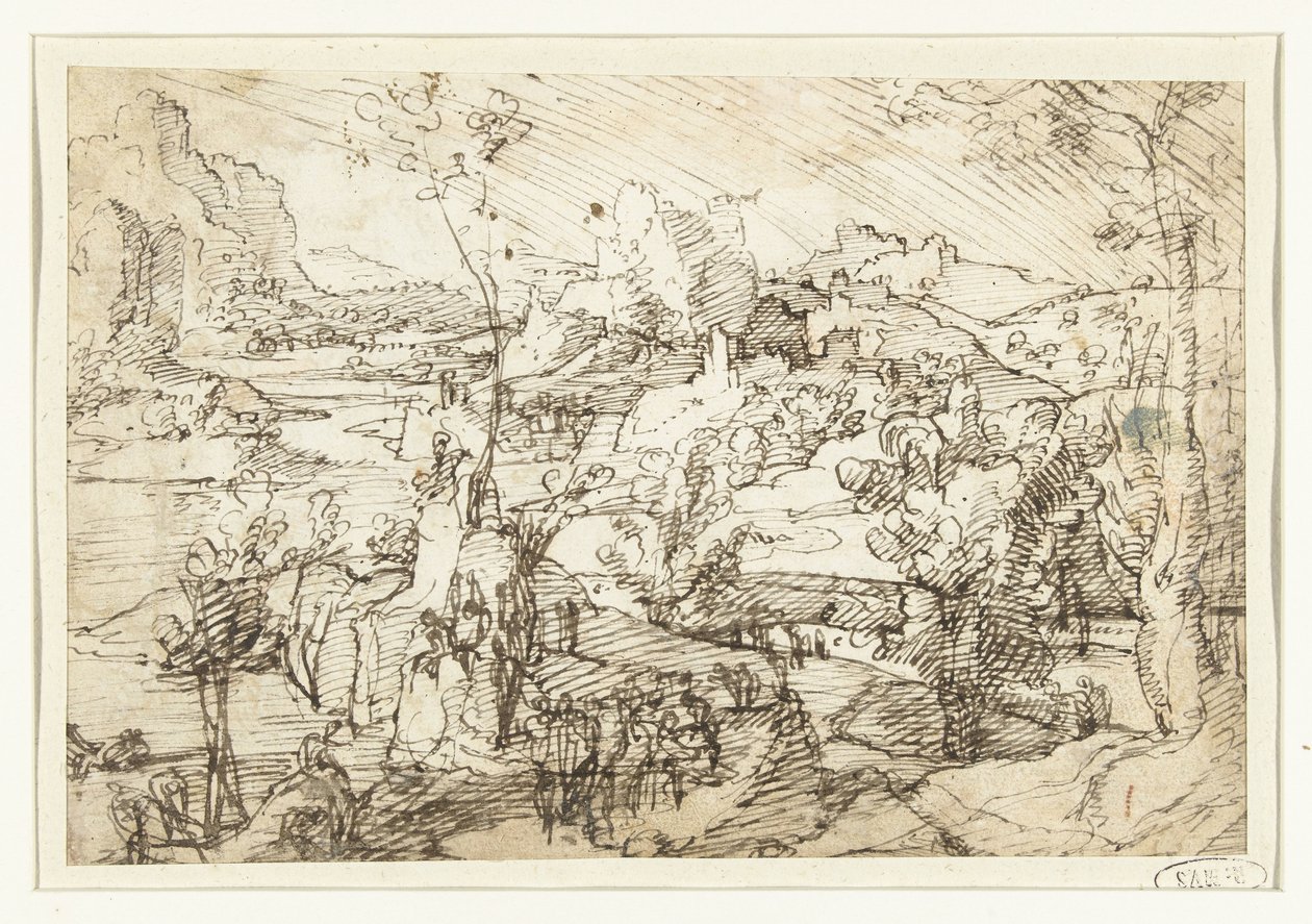 Landskap med steiner, figurer og et seilskute av Jan van Scorel (attributed to)