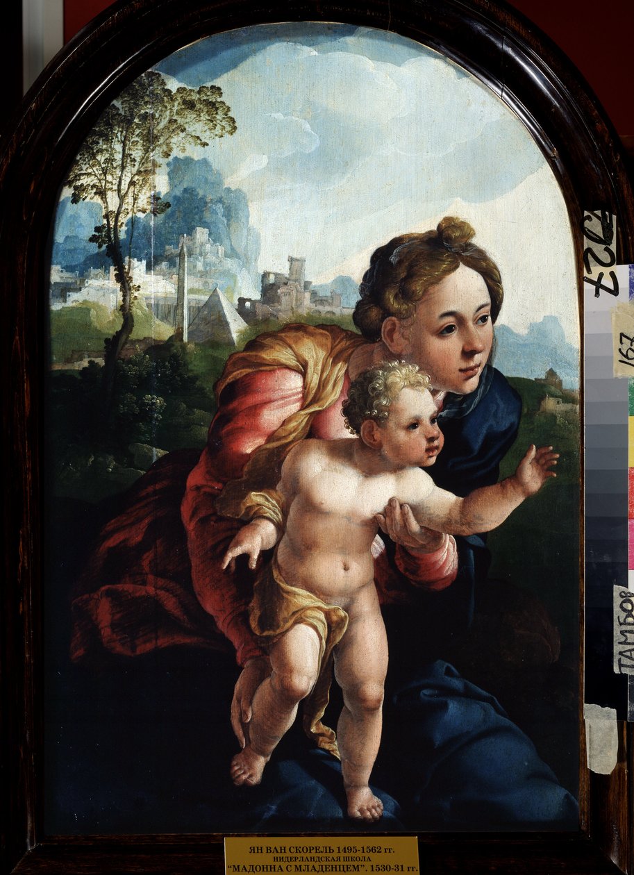 Jomfruen og barnet (Jomfruen og barnet). Maleri av Jan Van Scorel (1495-1562). Olje på tre, 66 x 45 cm av Jan van Scorel