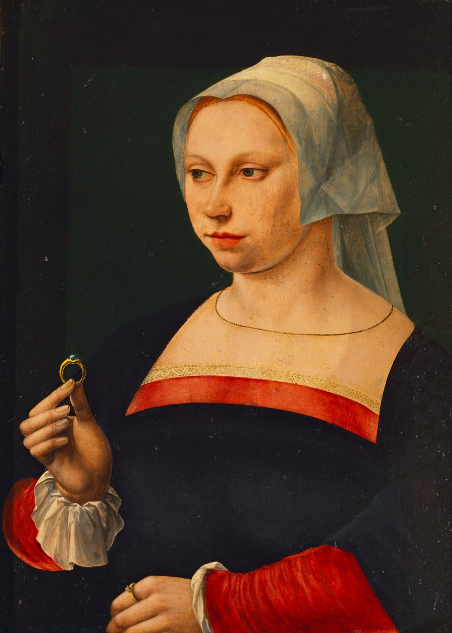 Portrett av en dame som holder en ring av Jan van Scorel