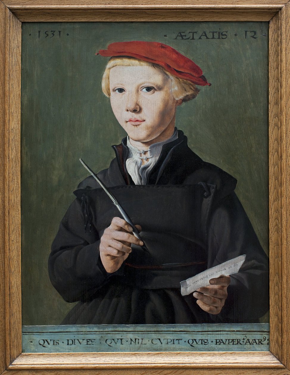 Portrett av en ung skolegutt. maleri av Jan Van Scorel (1495-1562), olje på tre av Jan van Scorel