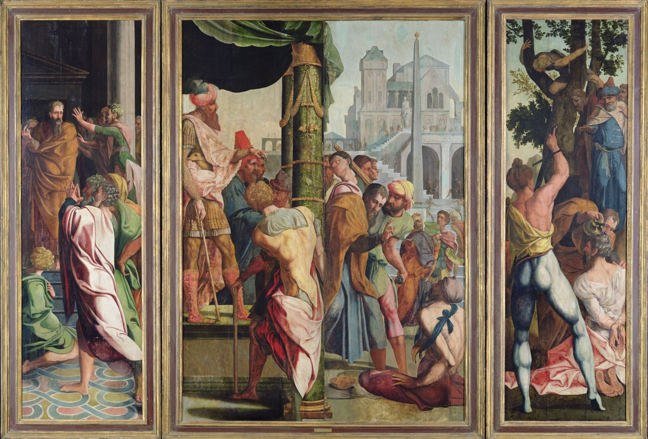 Prekenen, arrestasjonen og martyrdommen til St. Jakob den større, fra Polyptych of St. Stephen og St. James the Greater, ca. 1541 av Jan van Scorel