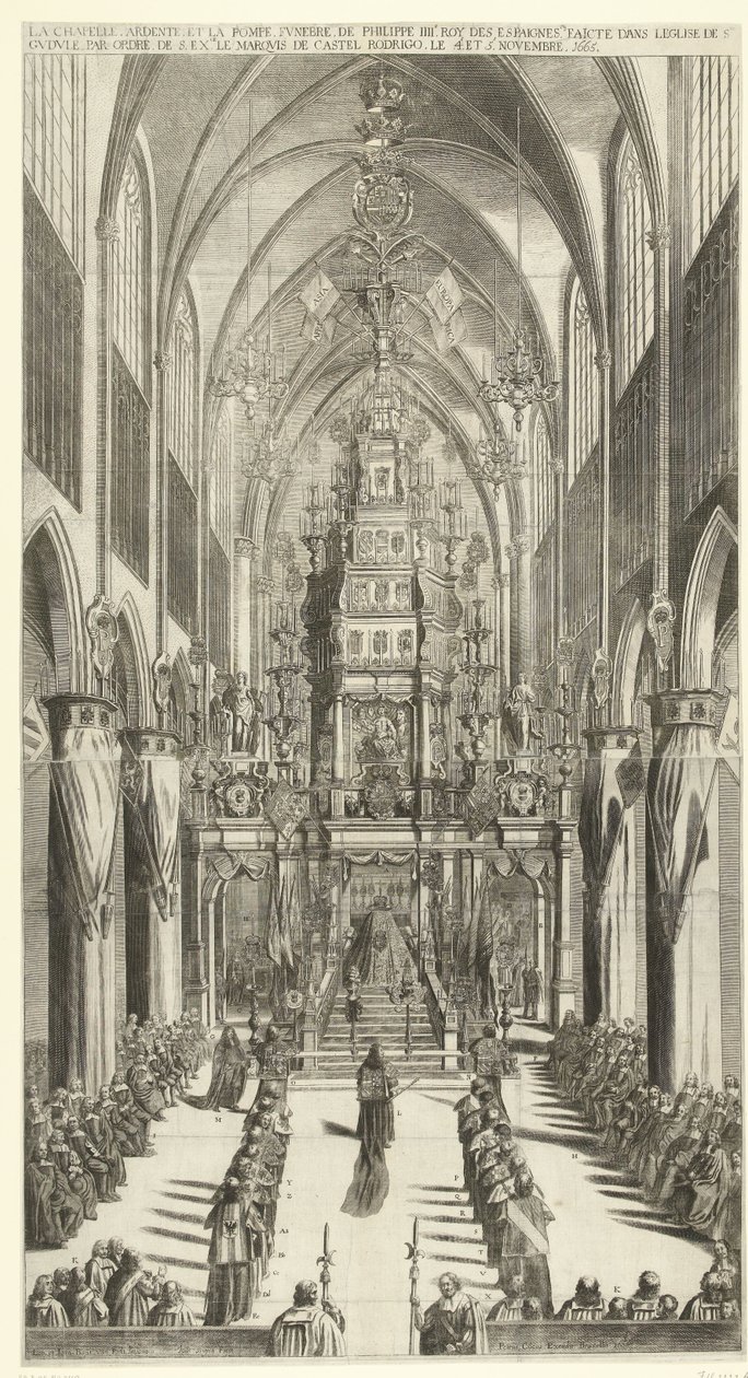 Lijkdienst voor Filips IV te Brussel, 1665 Det brennende kapellet og begravelsesfølget til Philippe IIIe roy des Espaignes laget i kirken Ste. Gudule i rekkefølgen s. overskytende. markisen av Castel Rodrigo 4. og 5. november 1665 (tittel på objekt) av Jan van Troyen