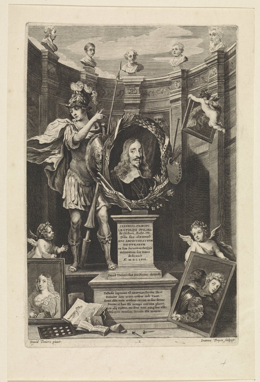 Portrett av erkehertug Leopold William av Østerrike som kunstsamler Theatrum Pictorium (serietittel) Tittelside for: David Teniers, Theatrum Pictorium, 1658 av Jan van Troyen