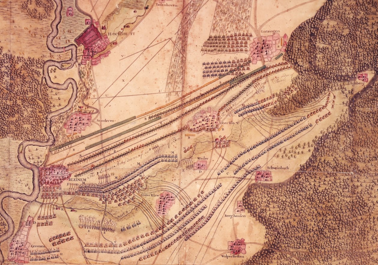 Plan for slaget ved Blenheim, ca. 1705 (farge litho) av Jan van Vianen