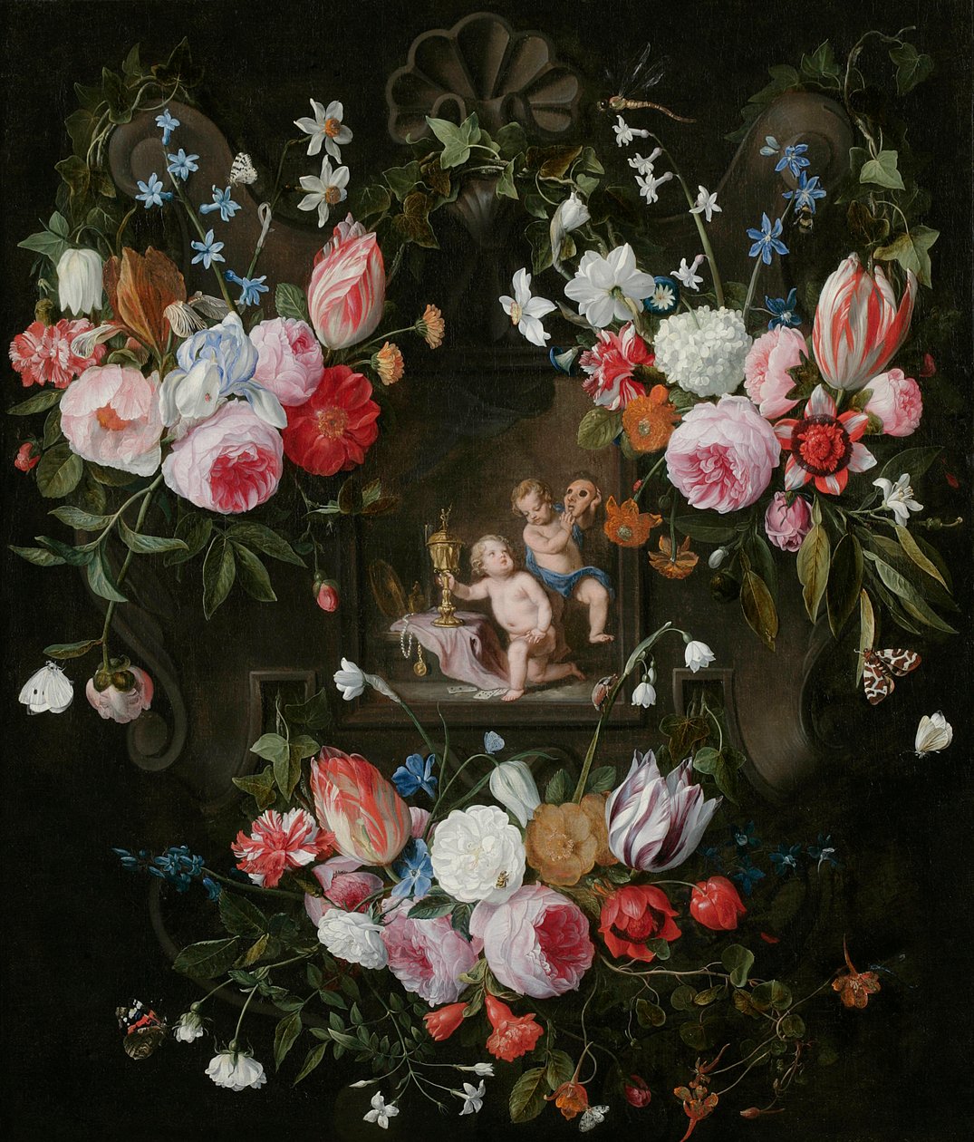 Et kartusj-stilleben av blomster rundt et allegorisk bilde av Putti med kostbare gjenstander og en maske, 1648 av Jan van and Balen, Hendrik van Kessel