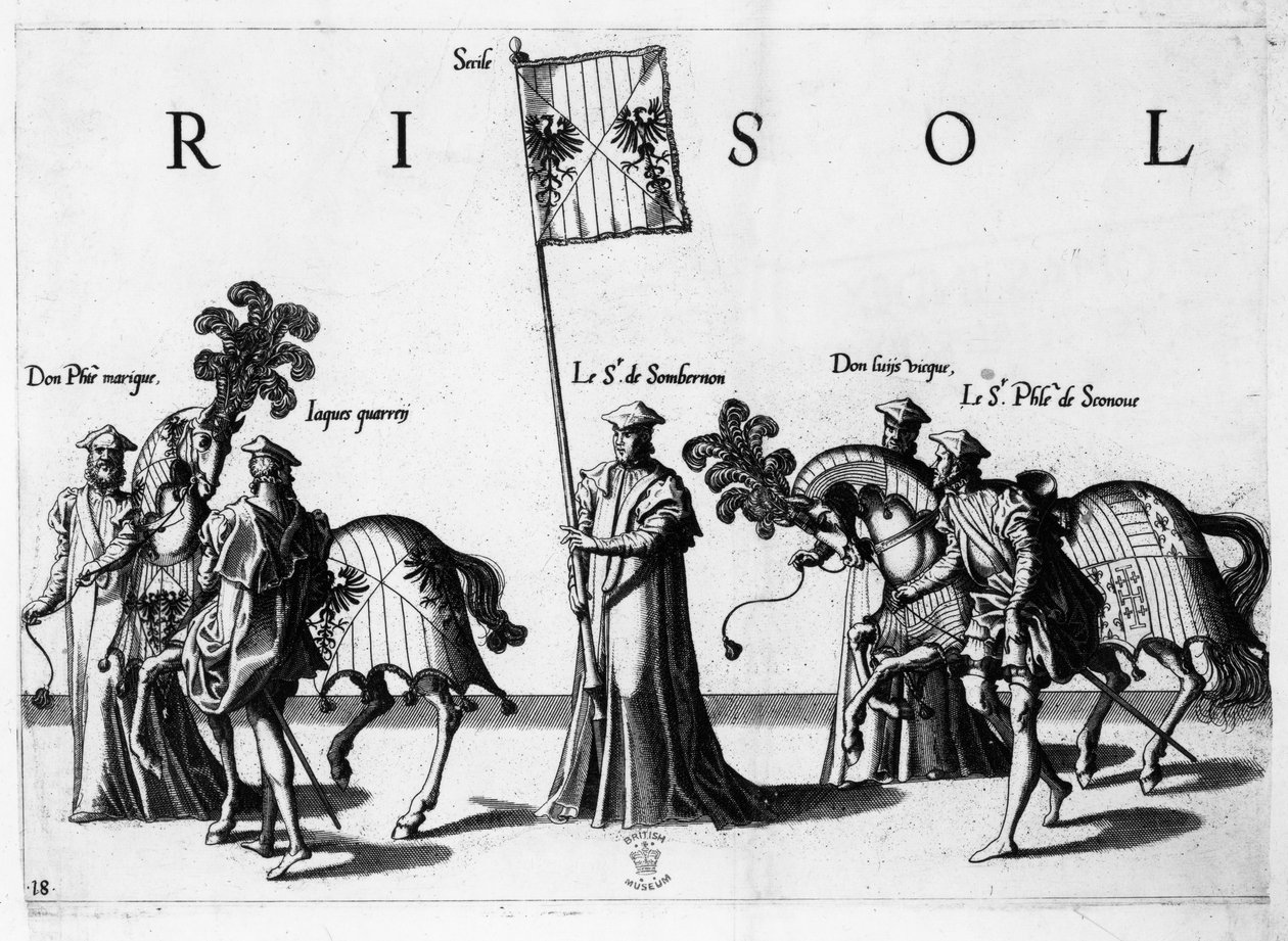 Arms of Sicilia ved begravelsesprosesjonen til keiser Charles V, 1559 av Jan van and Doetechum Doetechum the elder
