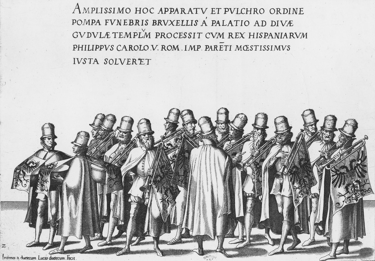Gruppe trompetister i begravelsesprosesjonen til keiser Charles V, 1559 av Jan van and Doetechum Doetechum the elder
