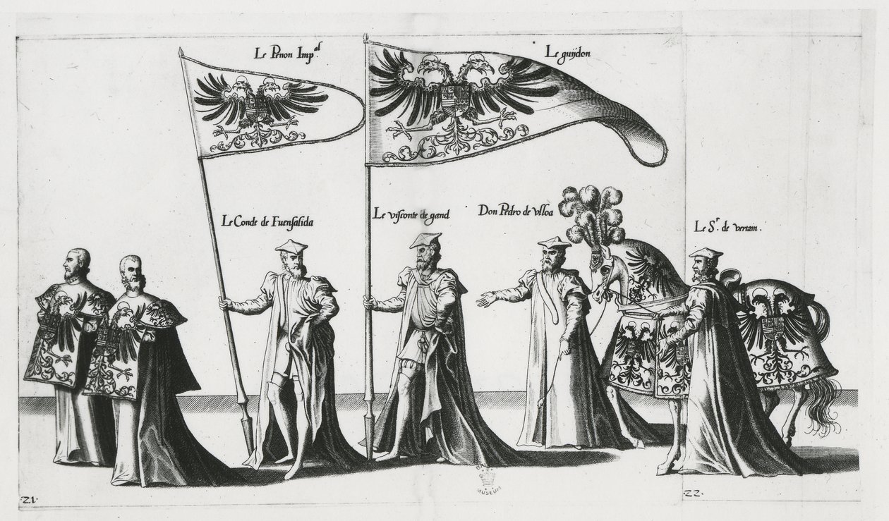 Keiserlig banner ved begravelsesprosesjonen til keiser Charles V av Jan van and Doetechum Lucas van and Bol Hans Doetechum the elder