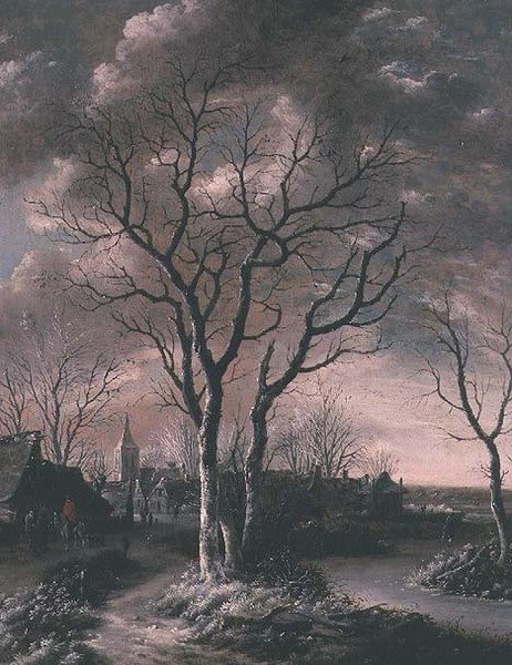 Et frossent elvelandskap med reisende på en sti av Jan van de Capelle or Cappelle