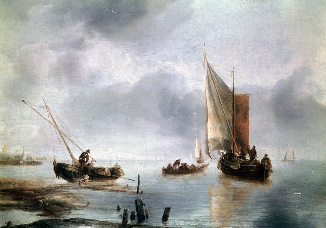 Et lite fartøy i lett luft, og et annet på land, ca 1650-1660, av Jan van de Cappelle (1624-ca 1679), olje på lerret, 34, 8x48 av Jan van de Capelle or Cappelle