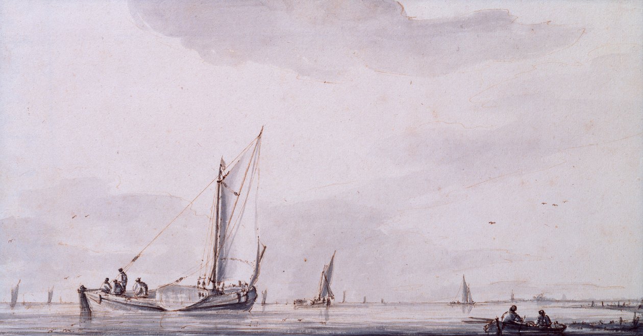Fiskere og seilbåter på en elvemunning i ro (penn, blekk og vask) av Jan van de Capelle or Cappelle