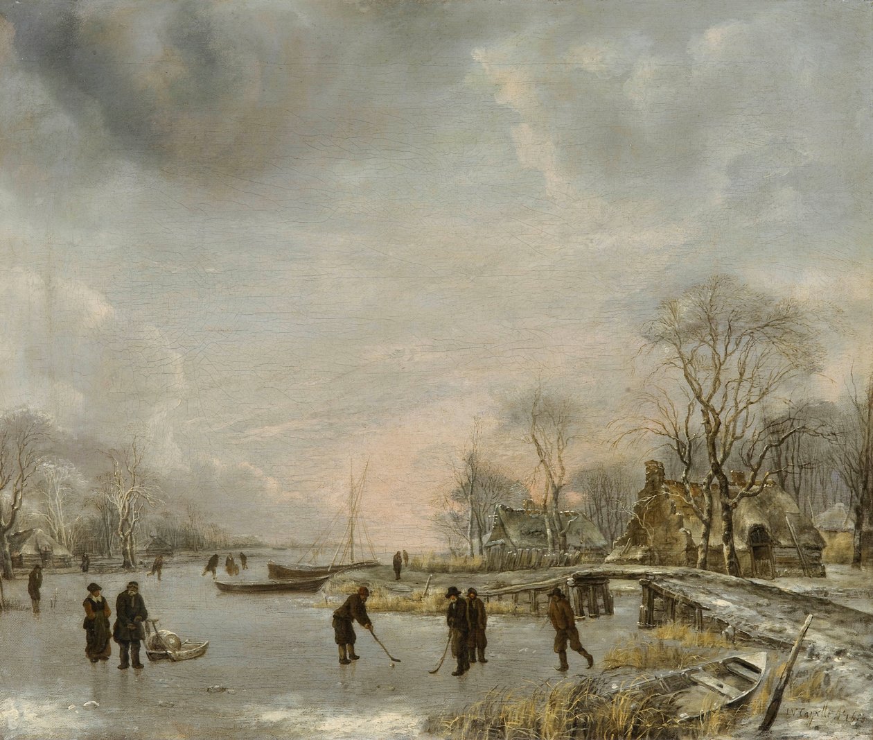 ""Vinterlandskap med golfspillere på isen"" (Vinterlandskap med Kolf-spillere) Maleri av Jan van de Cappelle (1626-1679) av Jan van de Capelle or Cappelle