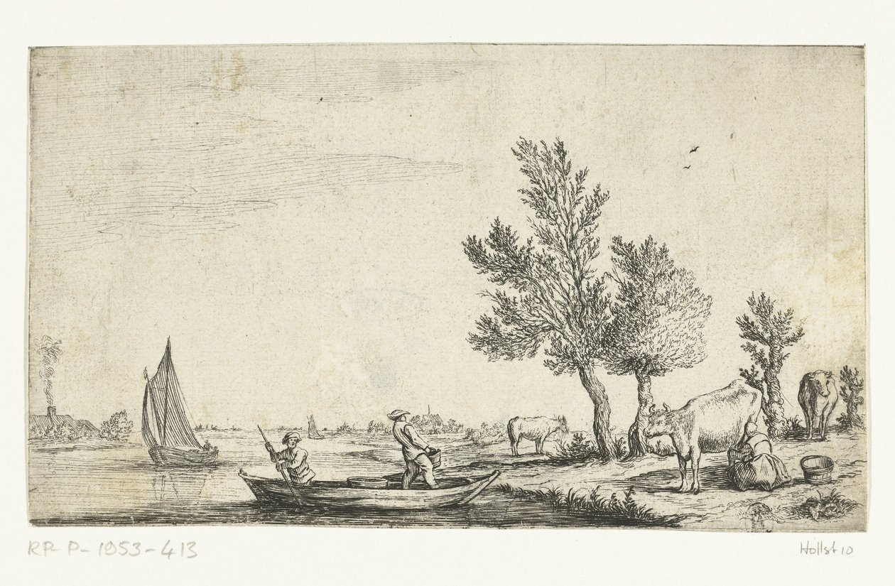 Elvelandskap med to menn i en robåt av Jan van de Cappelle (attributed to)